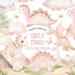 Op de afbeelding: Waterverfillustratie met verschillende roze dinosaurussen, vlinders, wolken en bergen. De tekst "Girly Dinos" wordt weergegeven met de woorden "High Quality Clipart Bundle" erboven. De afbeelding bevat 35 afbeeldingen met 300 DPI.