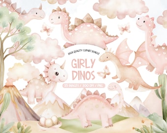 Pink Baby Dinosaur Clipart Bundle: Watercolor Girl Dino Elements (Commercial Use)