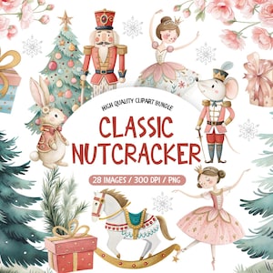 Könnte beinhalten: Aquarell-Clipart-Bundle mit klassischen Nussknacker-Charakteren, darunter ein Nussknackersoldat, eine Ballerina und ein Schaukelpferd. Das Bild enthält den Text "CLASSIC NUTCRACKER".