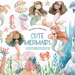 Watercolor Mermaid Clipart Bundle – Under the Sea Ocean Animal PNG (Digital Pack)