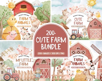 May include: A collection of watercolor farm animal clipart. The image features illustrations of pigs, sheep, cows, chickens, and horses, along with barns, tractors, and windmills. Text includes "Farm Animals", "Cute Farm", and "My Little Farm".