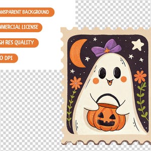 Pu&ograve; includere: Illustrazione di un francobollo a tema Halloween con un fantasma amichevole che tiene un secchio di zucca. Il fantasma ha un fiocco viola ed &egrave; ambientato su un cielo notturno con una luna crescente, stelle e fiori. Il francobollo ha un bordo beige.