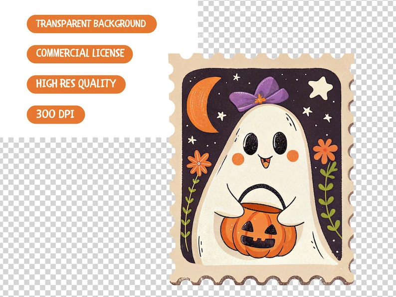 Pu&ograve; includere: Illustrazione di un francobollo a tema Halloween con un fantasma amichevole che tiene un secchio di zucca. Il fantasma ha un fiocco viola ed &egrave; ambientato su un cielo notturno con una luna crescente, stelle e fiori. Il francobollo ha un bordo beige.