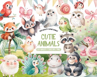 Cute Animal Clipart, Watercolor Baby Animals PNG, Kawaii Axolotl Capybara Clipart, Fox Panda Nursery Graphics