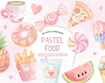 Watercolor Pastel Food Clipart, Kitchen Decor PNG (Digital Download)