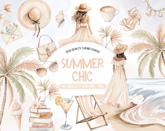 Summer Chic Clipart, Boho Summer PNG, Watercolor Beach Clipart, Coastal Aesthetic Graphics, Fashion Girl Clip Art, Vacation PNG Clipart