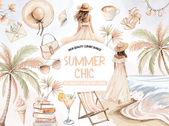 Summer Chic Clipart, Boho Summer PNG, Watercolor Beach Clipart, Coastal Aesthetic Graphics, Fashion Girl Clip Art, Vacation PNG Clipart