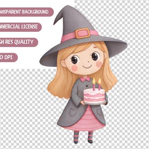 May include: Illustration of a cartoon witch girl with blonde hair, wearing a gray witch hat with a pink band and buckle, and a gray coat over a pink dress. She holds a two-layer pink cake with lit candles.