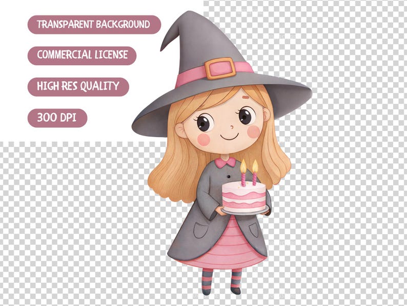 May include: Illustration of a cartoon witch girl with blonde hair, wearing a gray witch hat with a pink band and buckle, and a gray coat over a pink dress. She holds a two-layer pink cake with lit candles.