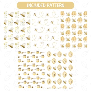 May include: Four different seamless patterns featuring watercolor illustrations of bees, honeycombs, honey jars, and honey dippers. The patterns are on a white background.