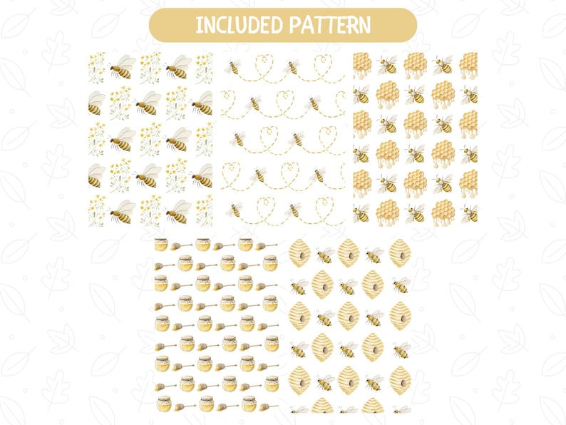 May include: Four different seamless patterns featuring watercolor illustrations of bees, honeycombs, honey jars, and honey dippers. The patterns are on a white background.