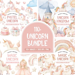 Pastel Unicorn Clipart Bundle, Watercolor Unicorn PNG Bundle, Princess Unicorn Clipart, Girl Birthday Unicorn Clipart Magical Unicorn Bundle