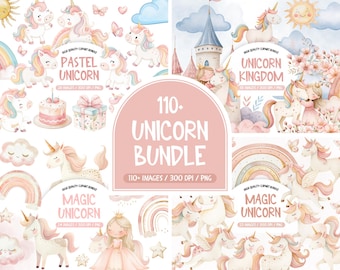 Watercolor Pastel Unicorn Clipart Bundle (PNG)