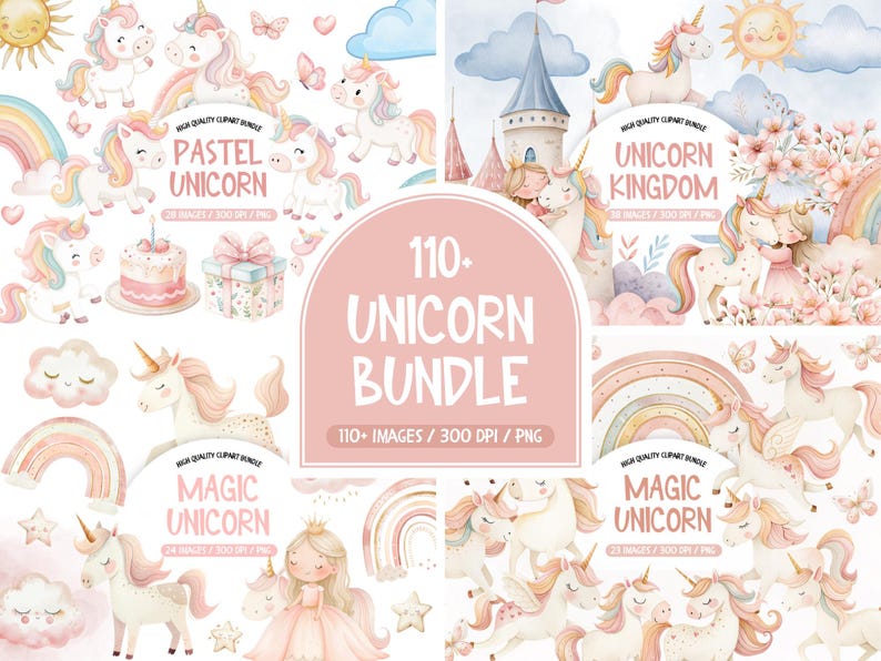 Watercolor Pastel Unicorn Clipart Bundle (PNG) - Etsy