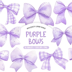 Può includere: Una collezione di fiocchi viola ad acquerello in vari design, tra cui pois e motivi a quadri. L'immagine include il testo "Purple Bows" e i dettagli sul pacchetto di clipart.