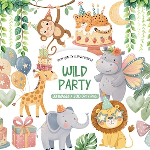 May include: A digital clipart bundle titled Wild Party featuring watercolor illustrations of a monkey, giraffe with gifts, hippo with wings, elephant, and lion wearing star glasses. Includes birthday cakes, balloons, and tropical foliage.