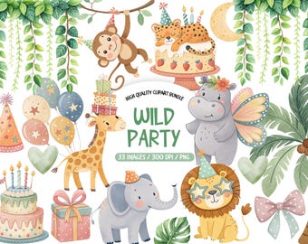 Party Animal Clipart PNG, Wild Birthday Safari Animals Clipart, Cute Jungle Animal Birthday PNG, Tiger Lion Birthday PNG