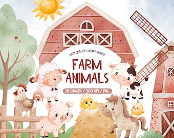 Watercolor Farm Animals Clipart, Farm Nursery PNGs (Digital Download)