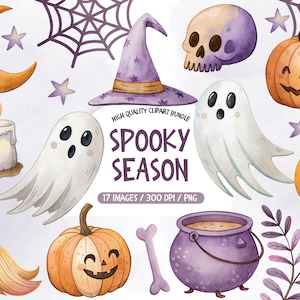 Straszne Halloweenowe Kliparty, Ilustracje Halloween PNG, Pakiet Duchów PNG, Użytek komercyjny, Akwarele Pastelowe Kliparty, Dziennik Halloweenowych Śmieci