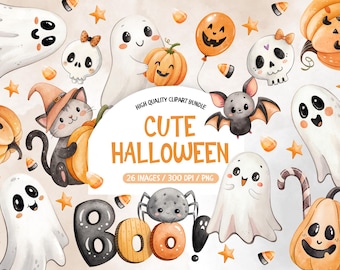 Cute Halloween Clipart, Halloween Illustrations Bundle, Pumpkin Clip Art, Cute Ghost PNG Bundle, Commercial Use, Watercolor Spooky Cute PNG