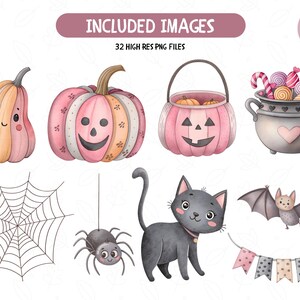 May include: Watercolor illustrations of Halloween-themed objects. Includes pumpkins, a jack-o'-lantern basket, a cauldron with candy, a spider web, a spider, a black cat, a bat, and a banner. Text reads "INCLUDED IMAGES" and "32 HIGH RES PNG FILES".