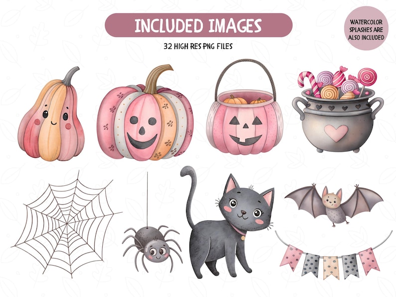 May include: Watercolor illustrations of Halloween-themed objects. Includes pumpkins, a jack-o'-lantern basket, a cauldron with candy, a spider web, a spider, a black cat, a bat, and a banner. Text reads "INCLUDED IMAGES" and "32 HIGH RES PNG FILES".