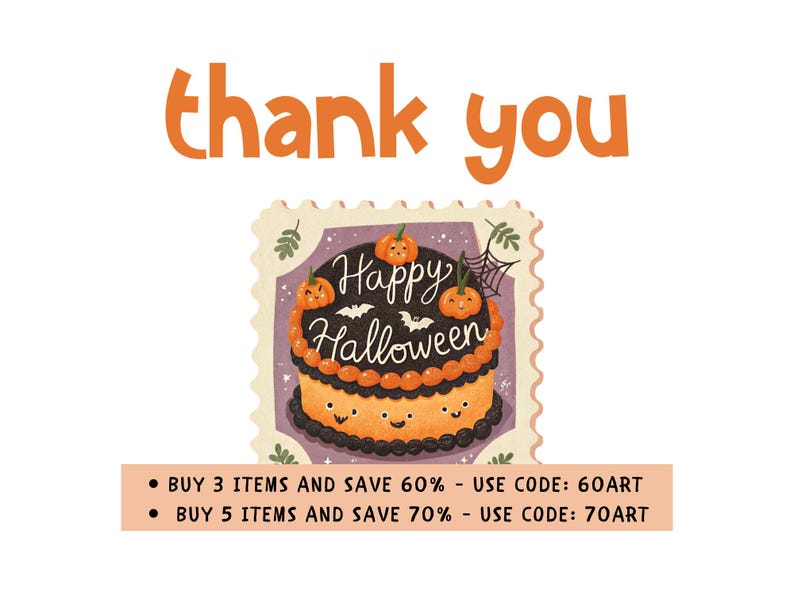 Pu&ograve; includere: Illustrazione a tema Halloween con le parole "thank you" in arancione. Un'immagine a forma di francobollo presenta una torta con zucche e le parole "Happy Halloween". L'immagine include anche testo sul risparmio.