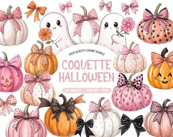 コケット ハロウィン クリップアート バンドル、ピンクのカボチャ、ゴーストの落書き (PNG)
