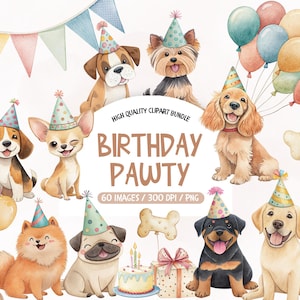 Op de afbeelding: Waterverfillustratie met verschillende hondenrassen met feesthoeden, ballonnen, pootafdrukken en een verjaardagstaart. De tekst luidt "BIRTHDAY PAWTY" en "HIGH QUALITY CLIPART BUNDLE".