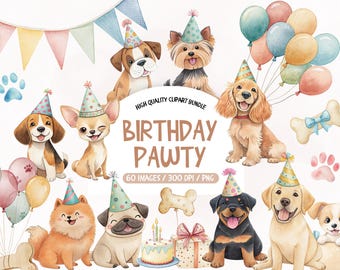 Cute Dogs Clipart, Paw Party Clipart, Dog Birthday Pawty Clipart, Puppy Breeds Bundle PNG, Watercolor Birthday Party Clipart, Commercial Use