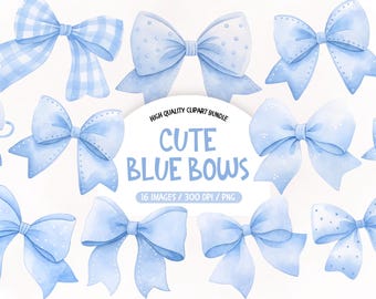 Blue Bow Clipart, Watercolor Bows PNG Bundle, Coquette Bows Clipart, Blue Ribbon PNG, Baby Shower Clipart, Pastel Blue Bow Clipart