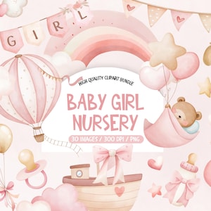 Baby Girl Clipart, Girl Baby Shower Clipart, Boho Baby Shower Clipart, Pink Nursery Clipart, PNG Set For Baby Girl Nursery, Pink Shower PNG