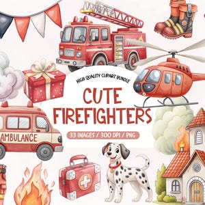 Puede incluir: Ilustración en acuarela de un conjunto de imágenes prediseñadas con temática de bomberos. La imagen incluye un camión de bomberos rojo, un helicóptero, una ambulancia, un perro dálmata y un edificio en llamas. El texto dice "Cute Firefighters".