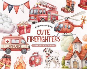 Watercolor Firefighter Clipart Bundle, Emergency Vehicles (PNG)