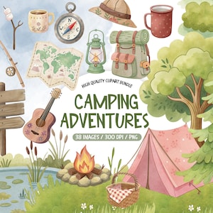 Puede incluir: Ilustración en acuarela de elementos temáticos de camping. Incluye una tienda de campaña, una fogata, una guitarra, un mapa, una brújula, una linterna, una mochila y otros artículos para exteriores. Se muestra el texto "CAMPING ADVENTURES".
