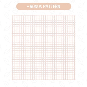 May include: A digital illustration featuring a grid pattern in a light brown hue, with the text "+ BONUS PATTERN" in a rounded rectangle at the top. The background is white with subtle leaf outlines.