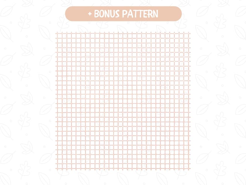 May include: A digital illustration featuring a grid pattern in a light brown hue, with the text "+ BONUS PATTERN" in a rounded rectangle at the top. The background is white with subtle leaf outlines.