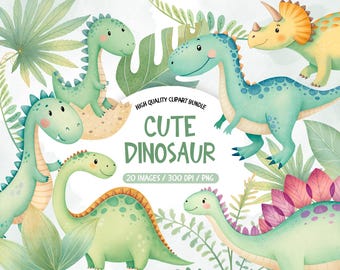 Söt dinosaurie-tema akvarell Clipart, Dinosauriefest Clipart, Söt dinosaurie Clipart, Akvarell Dinosaurie Clipart, Akvarell Dinosaurie Png Bundle