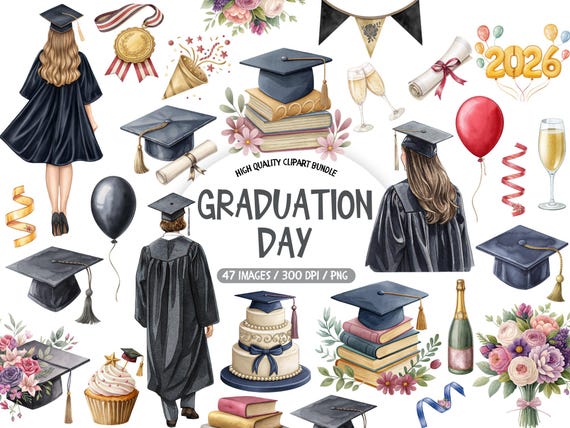 Class of 2026 Graduation Clipart – Watercolor Cap and Diploma Graphics (Digital PNG)