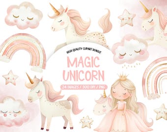 Pastel Unicorn Clipart Bundle, Princess Girl, Birthday Clipart (PNG)