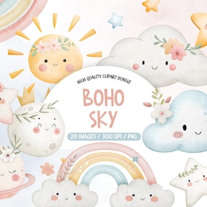 Può includere: Un set di 20 immagini clipart digitali con un tema cielo boho. Le immagini includono un arcobaleno, nuvole, stelle, un sole e una luna. Le immagini sono in stile acquerello e sono perfette per creare inviti, biglietti e altri lavoretti.