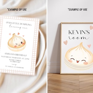 May include: Two images featuring a dumpling illustration. One is a birthday invitation with text: "Our Little Dumpling turning one." The other is a framed print with the text "KEVIN'S room." Both feature a smiling dumpling.