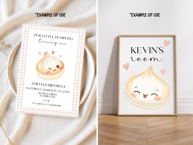 May include: Two images featuring a dumpling illustration. One is a birthday invitation with text: "Our Little Dumpling turning one." The other is a framed print with the text "KEVIN'S room." Both feature a smiling dumpling.