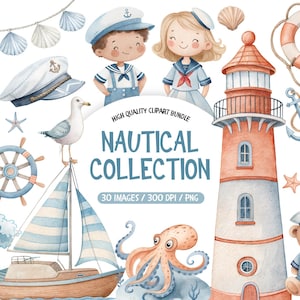 Puede incluir: Paquete de imágenes prediseñadas náuticas en acuarela con un faro, un velero, personajes de marineros y vida marina. Incluye un salvavidas, un ancla y un osito de peluche con un traje de marinero. El texto dice "Nautical Collection".