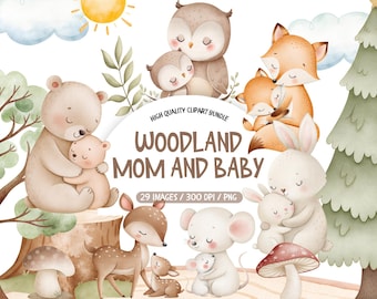 Woodland Mama Clipart, Cute Baby Animals PNG, Woodland Creatures Clipart, Nursery Forest Animals Clip Art, Mama And Baby Animal Clipart