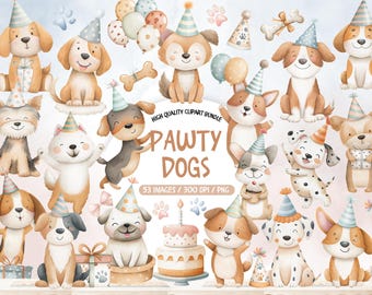 Pawty Dogs Clipart Bundle: Watercolor Dog Birthday Party PNG (Commercial Use)