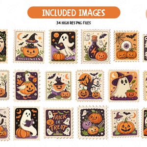 Pu&ograve; includere: Una collezione di design di francobolli a tema Halloween. Ogni francobollo presenta un'illustrazione unica, tra cui zucche, fantasmi, pipistrelli e cappelli da strega. I francobolli sono in vari colori, con il testo "Trick or Treat" e "Halloween".