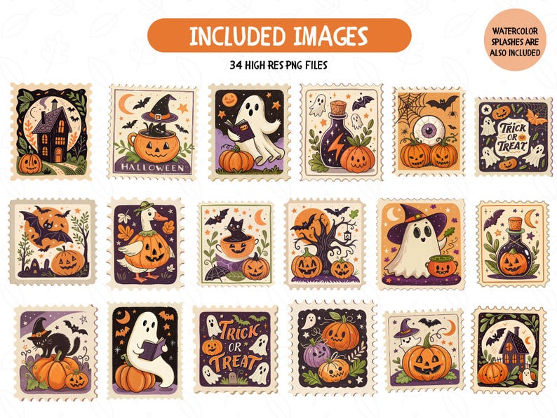 Pu&ograve; includere: Una collezione di design di francobolli a tema Halloween. Ogni francobollo presenta un'illustrazione unica, tra cui zucche, fantasmi, pipistrelli e cappelli da strega. I francobolli sono in vari colori, con il testo "Trick or Treat" e "Halloween".