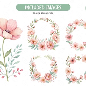 May include: Watercolor floral images featuring a large pink flower, sprigs, and several floral wreath designs. The text reads "INCLUDED IMAGES" and "39 HIGH RES PNG FILES". Watercolor splashes are also included.