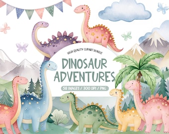 Akwarelowy Dinozaur Clipart, Urodziny Dziecka Dinozaurów PNG (Pobieranie Cyfrowe)